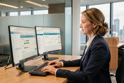 Courtière en assurance utilisant un extranet de gestion en ligne sur double écran dans un bureau moderne