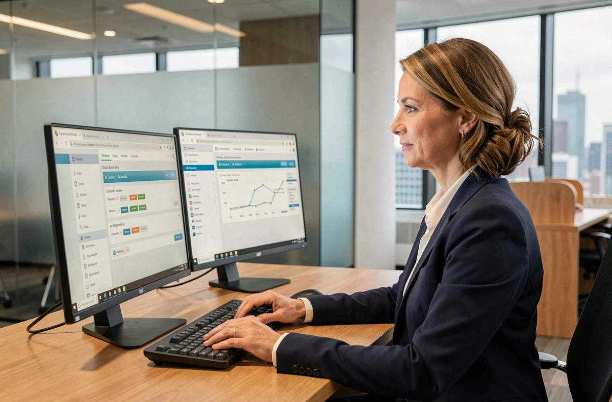 Courtière en assurance utilisant un extranet de gestion en ligne sur double écran dans un bureau moderne