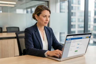 Courtière en assurance utilisant l'extranet AXA sur son ordinateur portable dans un bureau professionnel moderne