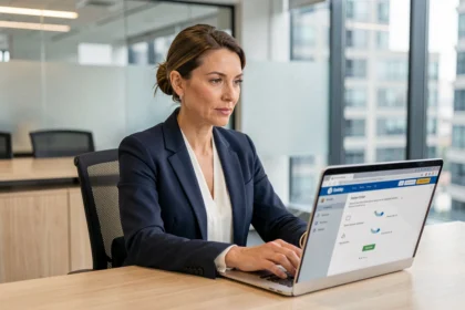 Courtière en assurance utilisant l'extranet AXA sur son ordinateur portable dans un bureau professionnel moderne