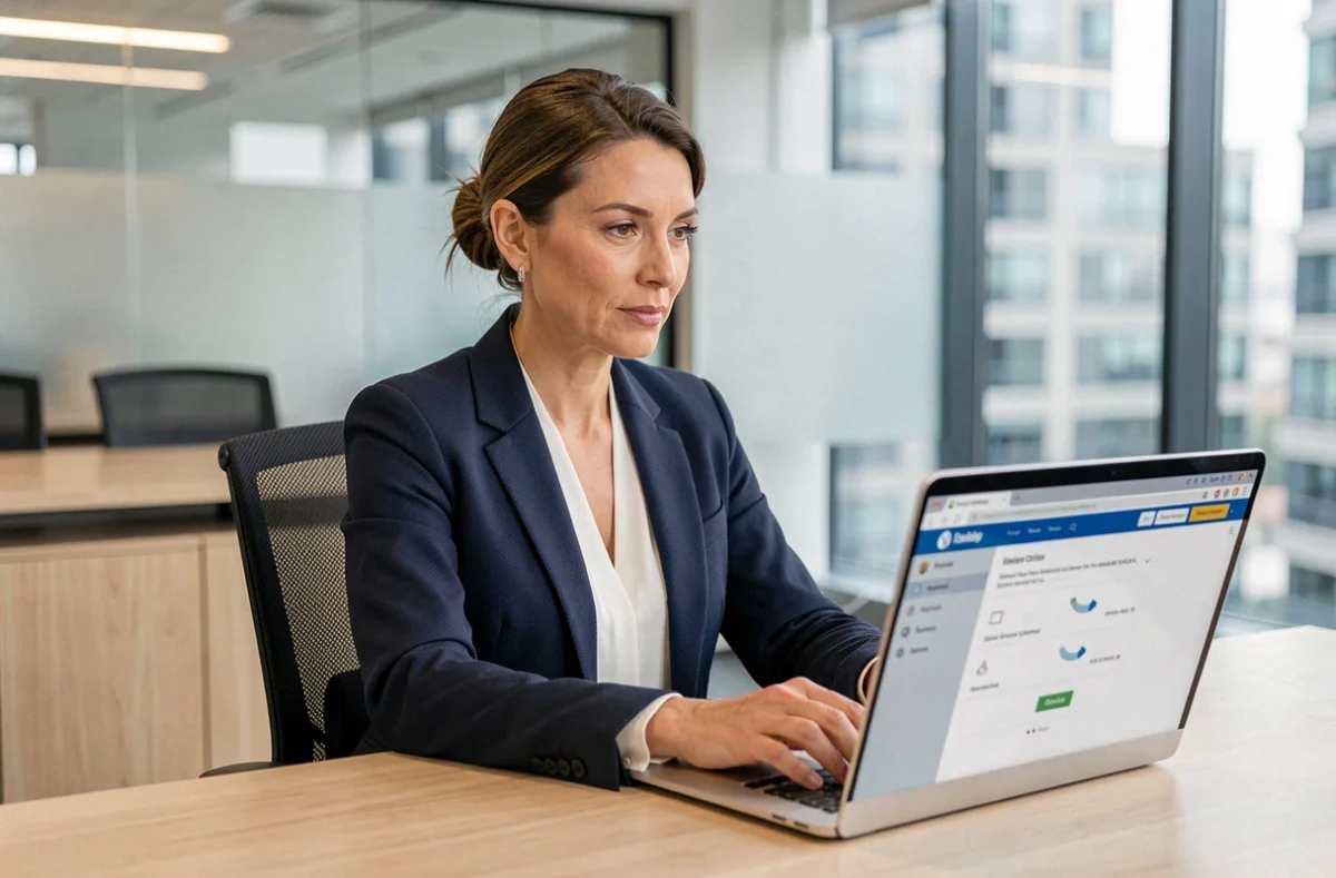 Courtière en assurance utilisant l'extranet AXA sur son ordinateur portable dans un bureau professionnel moderne