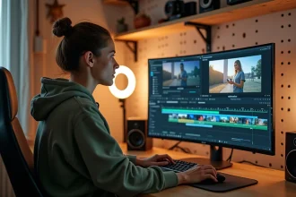 Créatrice de contenu éditant une vidéo YouTube avec des ressources stock légales sur Elements Envato