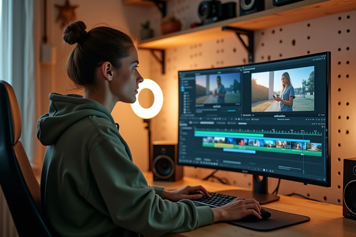 Créatrice de contenu éditant une vidéo YouTube avec des ressources stock légales sur Elements Envato