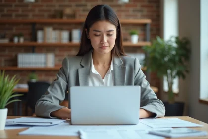 Créatrice d'entreprise examinant des documents de dépôt de marque à l'INPI dans un espace de coworking moderne
