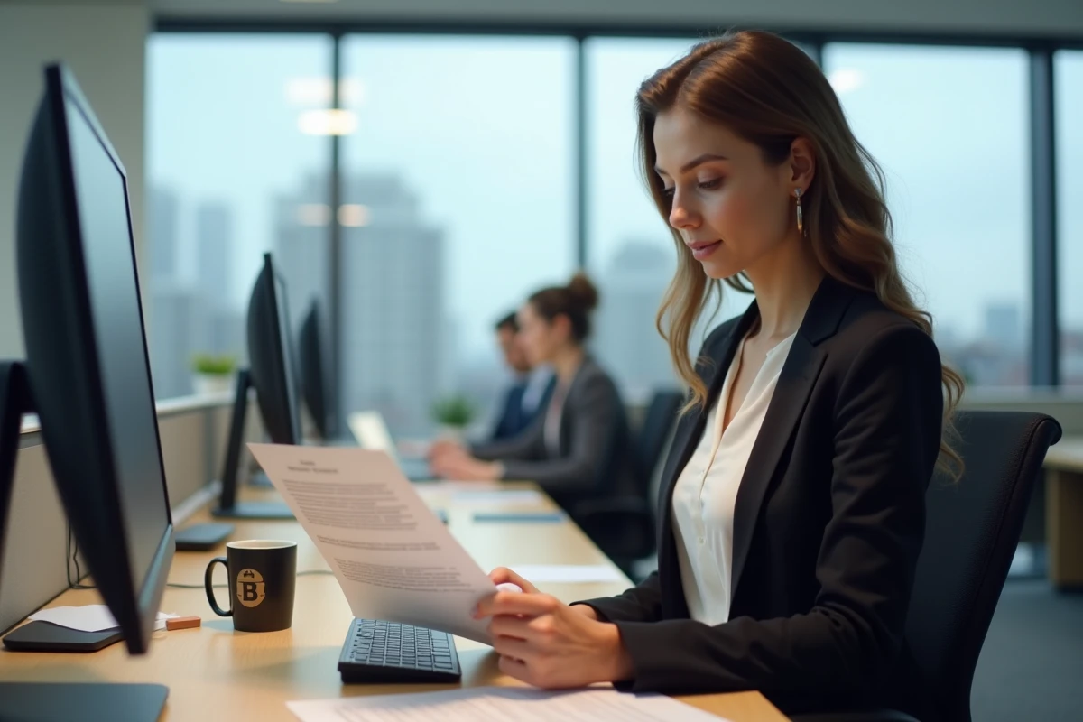 Professionnelle en bureau vérifiant des documents pour débloquer et valider son compte PIXID sur ordinateur