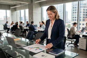 Directrice commerciale analysant un pipeline de vente B2B dans un bureau moderne en open space