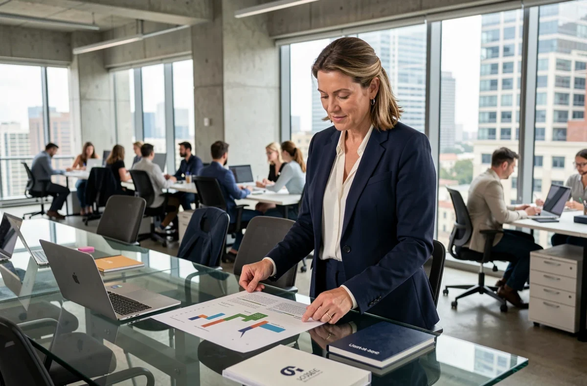 Directrice commerciale analysant un pipeline de vente B2B dans un bureau moderne en open space