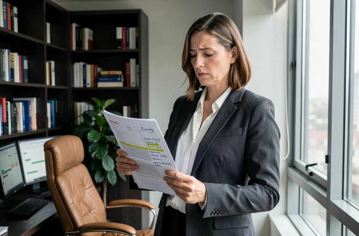 Directrice commerciale analysant un rapport d'abonnement B2B annoté avec des erreurs à corriger dans un bureau exécutif