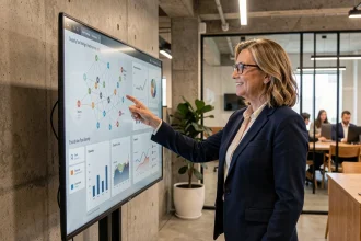 Directrice d'ETI analysant un tableau de bord stratégique d'intelligence économique sur écran interactif dans un open space moderne