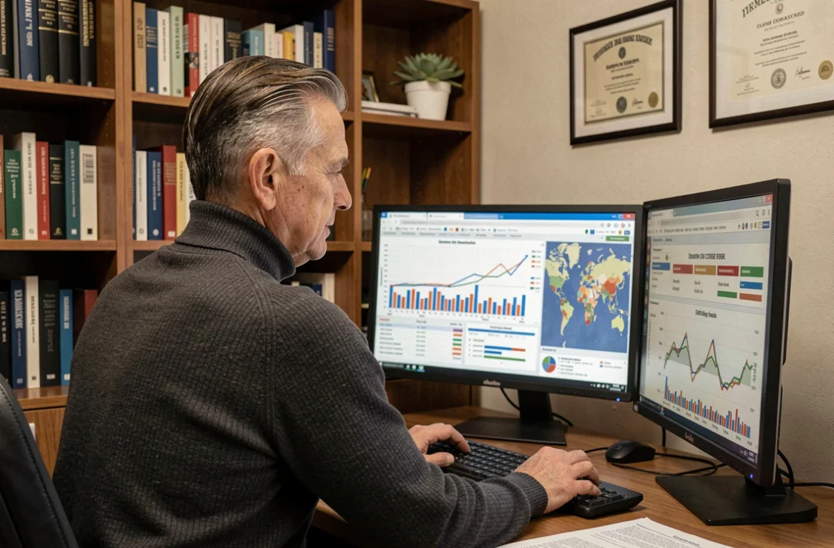 Dirigeant de PME concentré sur des analyses concurrentielles et des cartographies de risques géopolitiques sur double écran dans son bureau
