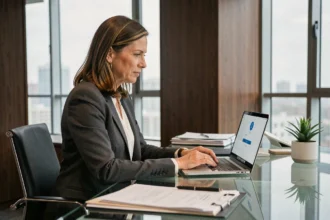 Dirigeante d'entreprise accédant à un portail juridique sécurisé sur son ordinateur portable dans un bureau moderne