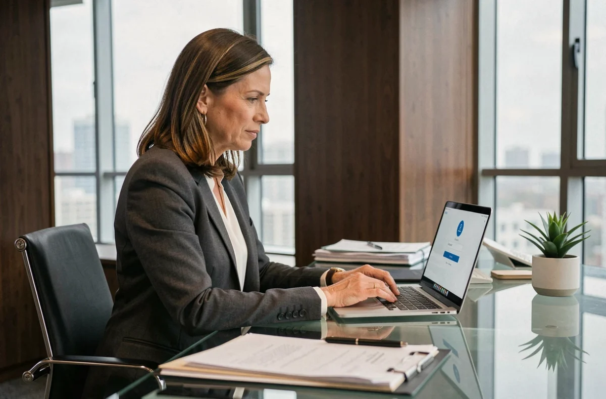 Dirigeante d'entreprise accédant à un portail juridique sécurisé sur son ordinateur portable dans un bureau moderne