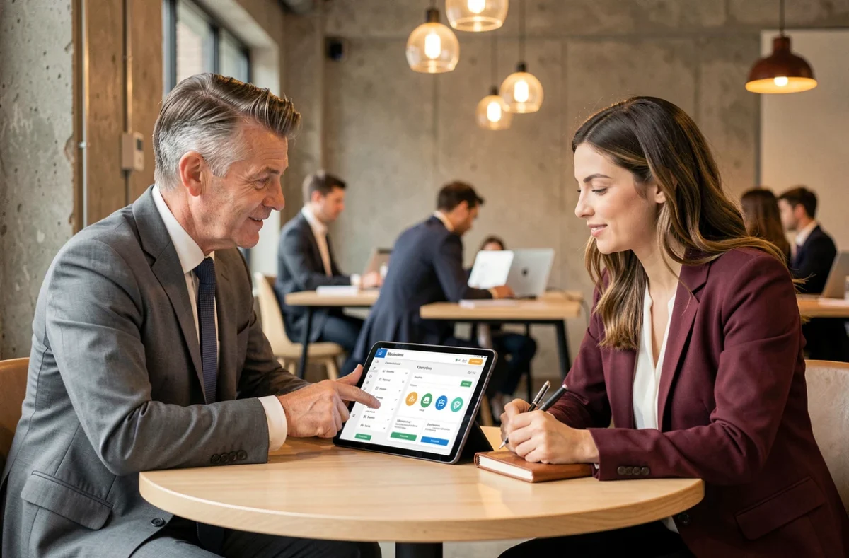 Deux dirigeants d'entreprise collaborant sur un tableau de bord de services juridiques sécurisés via une tablette numérique