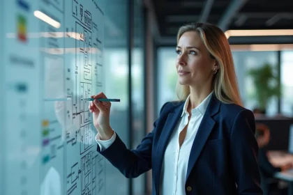 DSI femme cadre dirigeante présentant un plan de gouvernance BI sur un tableau blanc dans un open space informatique