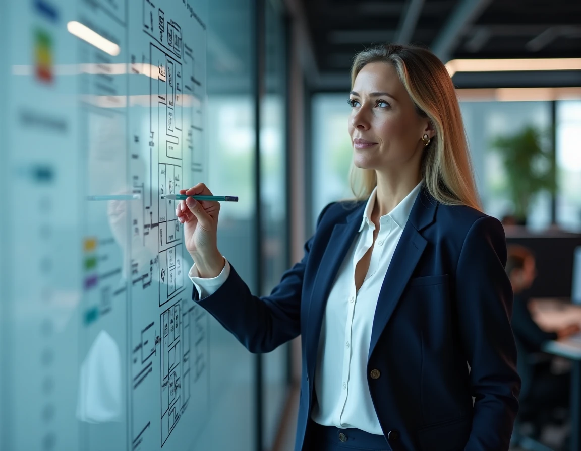 DSI femme cadre dirigeante présentant un plan de gouvernance BI sur un tableau blanc dans un open space informatique
