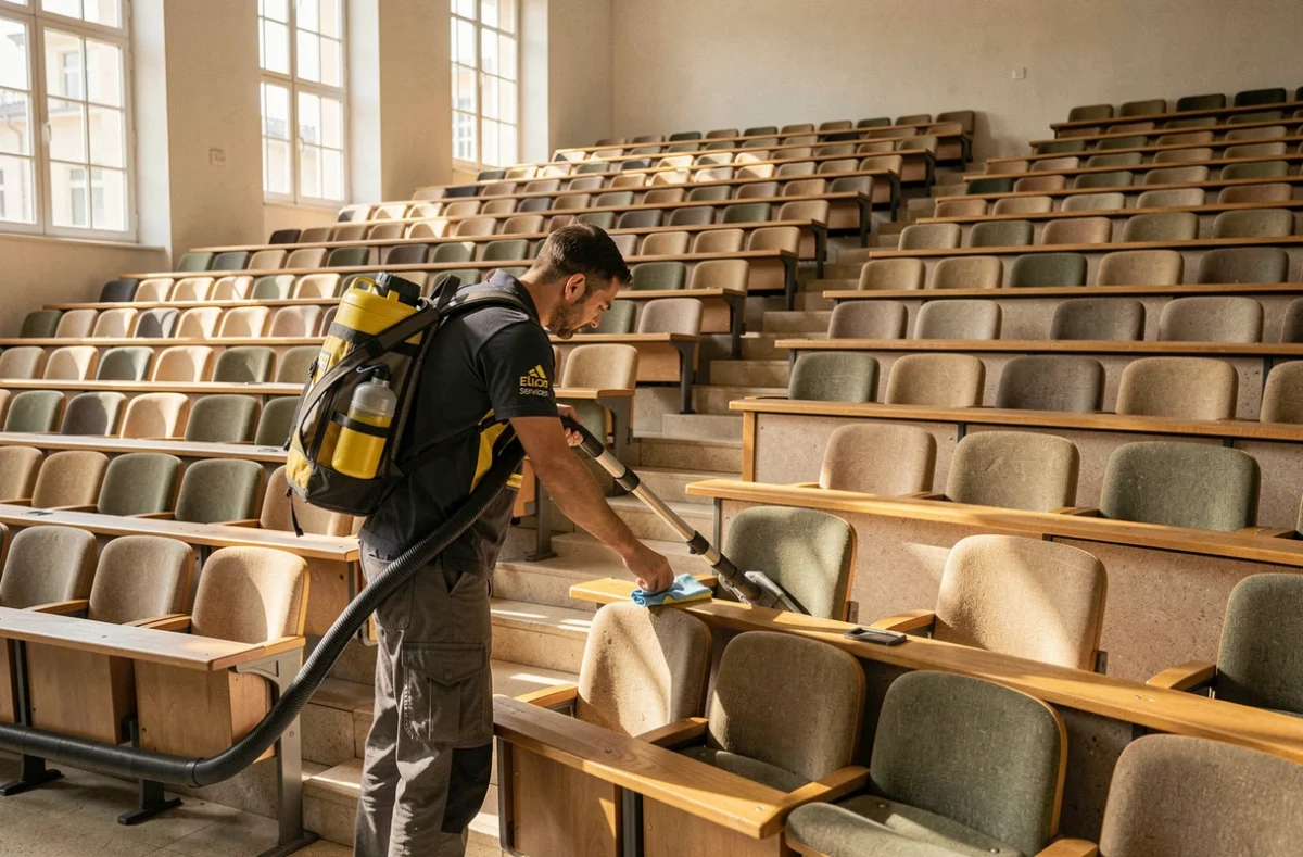 Technicien Elior Services effectuant un nettoyage approfondi dans un amphithéâtre universitaire à Marseille