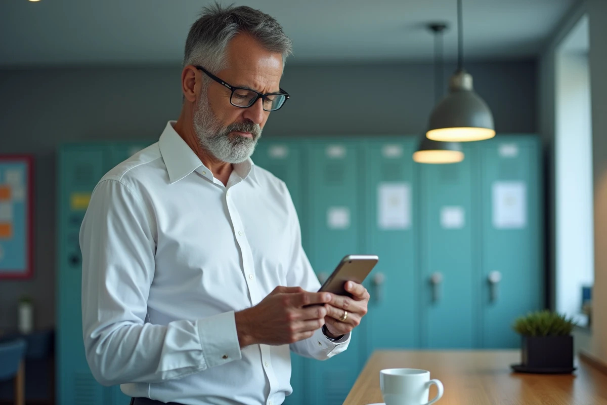 Employé Air France consultant l'application mobile Intralignes dans la salle de pause du personnel