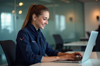 Nouvelle employée Air France consultant le portail interne Intralignes sur un ordinateur portable dans un bureau moderne