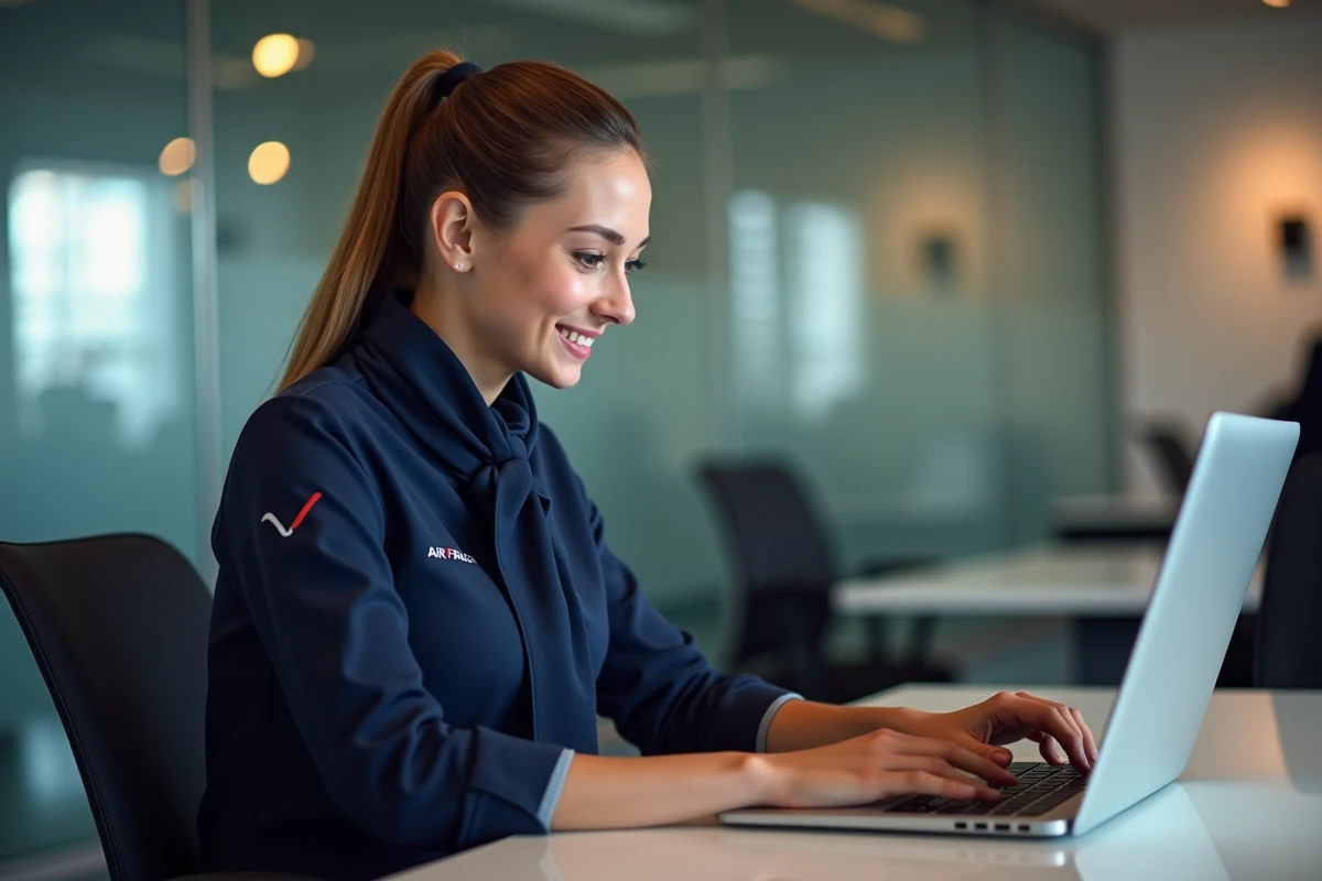 Nouvelle employée Air France consultant le portail interne Intralignes sur un ordinateur portable dans un bureau moderne