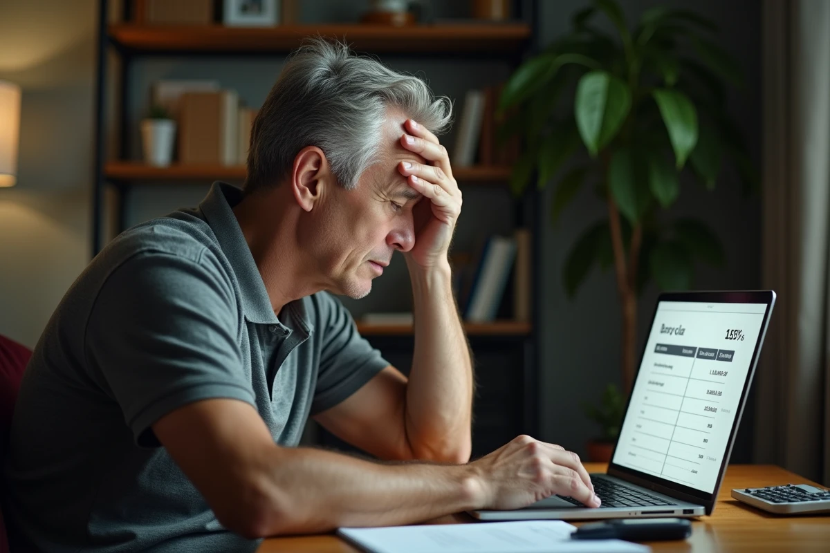 Employé à domicile frustré devant un ordinateur portable affichant un calcul d'heures de travail sur sa fiche de paie