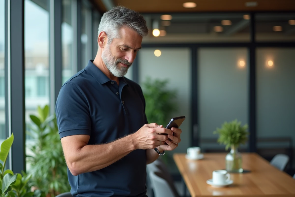Employé lisant les réponses à la FAQ hrforyou sur son smartphone dans une salle de pause