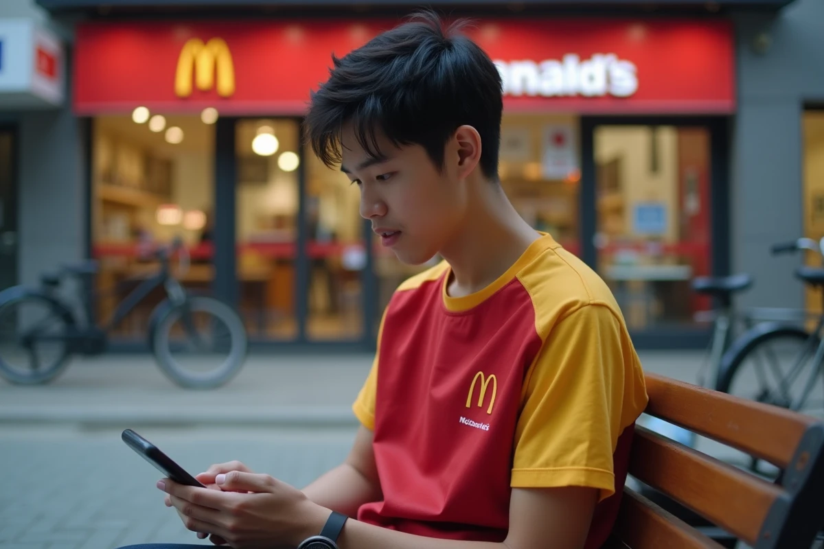 Jeune employé McDonald's calculant son salaire avec les majorations nuit et jours fériés sur son smartphone en pause