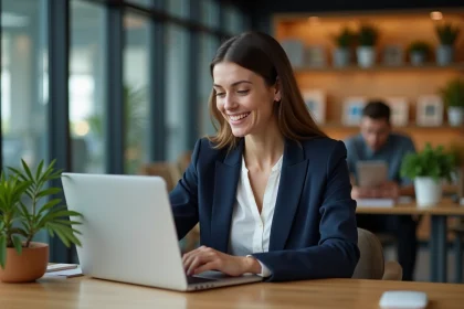 Employée satisfaite utilisant une solution de billetterie avantages salariés sur son ordinateur portable en open space