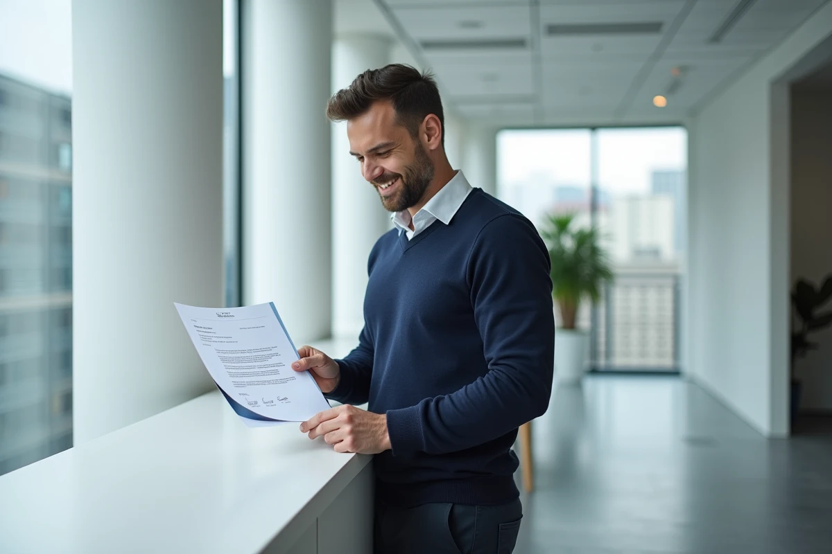 Entrepreneur tenant un certificat de dépôt de marque INPI dans un bureau moderne avec vue urbaine