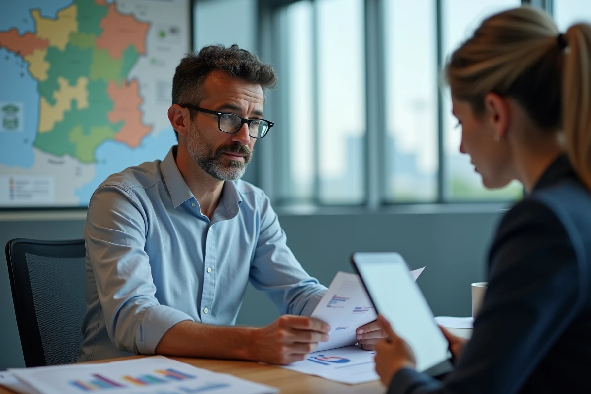 Entrepreneur français en réunion avec un conseiller régional pour optimiser l'accès aux aides et subventions d'entreprise