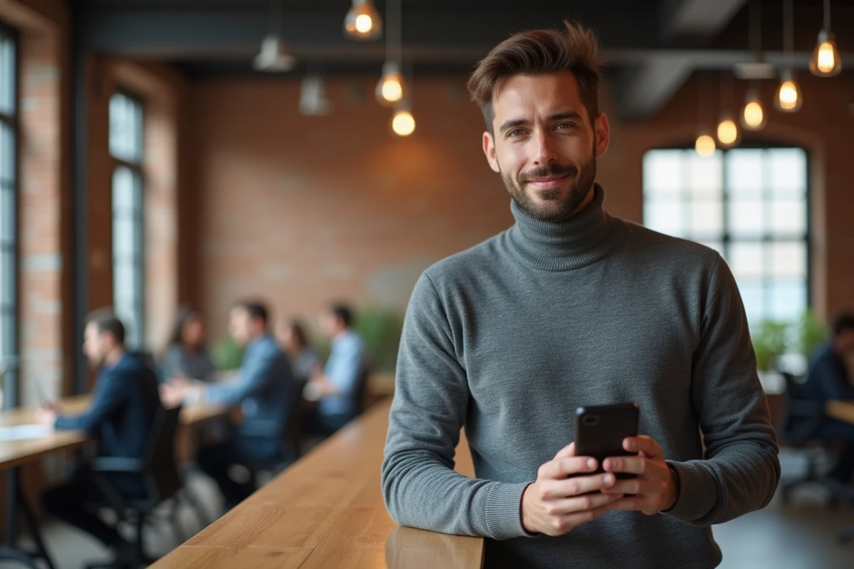 Entrepreneur français consultant une plateforme d'avis clients sur smartphone dans un espace de coworking moderne