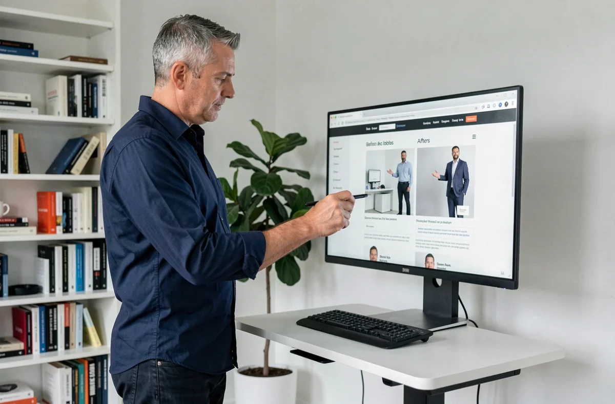 Entrepreneur en télétravail comparant des versions de refonte de site web sur grand écran dans un bureau minimaliste à domicile