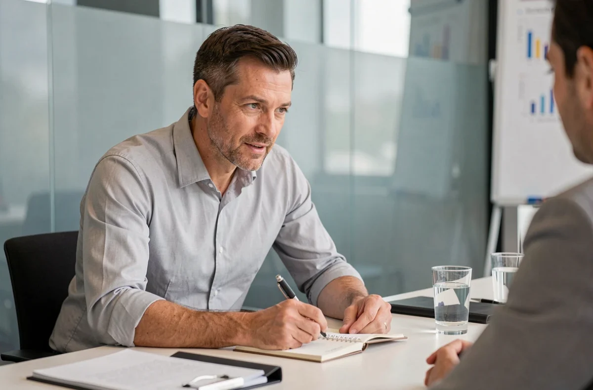 Entrepreneur en rendez-vous professionnel dans une salle de réunion moderne, prenant des notes lors d'un entretien d'affaires