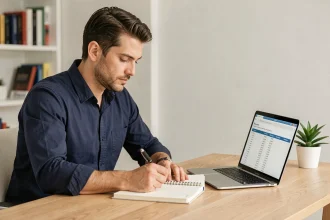 Entrepreneur validant une idée de business dans un bureau minimaliste avec un cahier de notes et un ordinateur portable