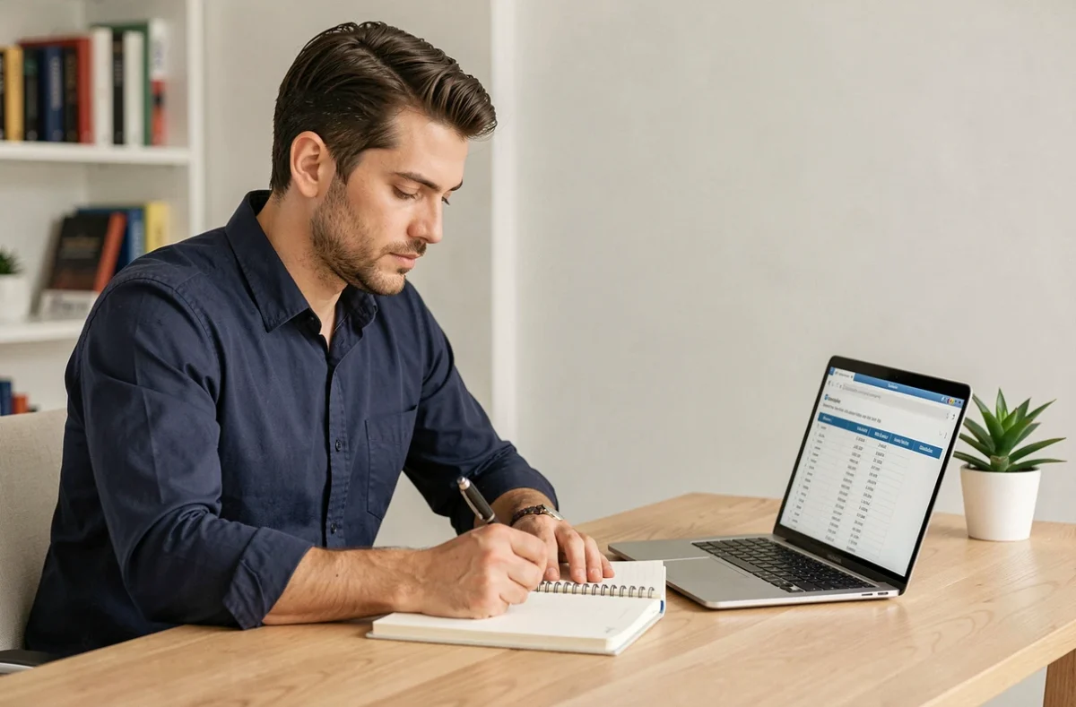 Entrepreneur validant une idée de business dans un bureau minimaliste avec un cahier de notes et un ordinateur portable
