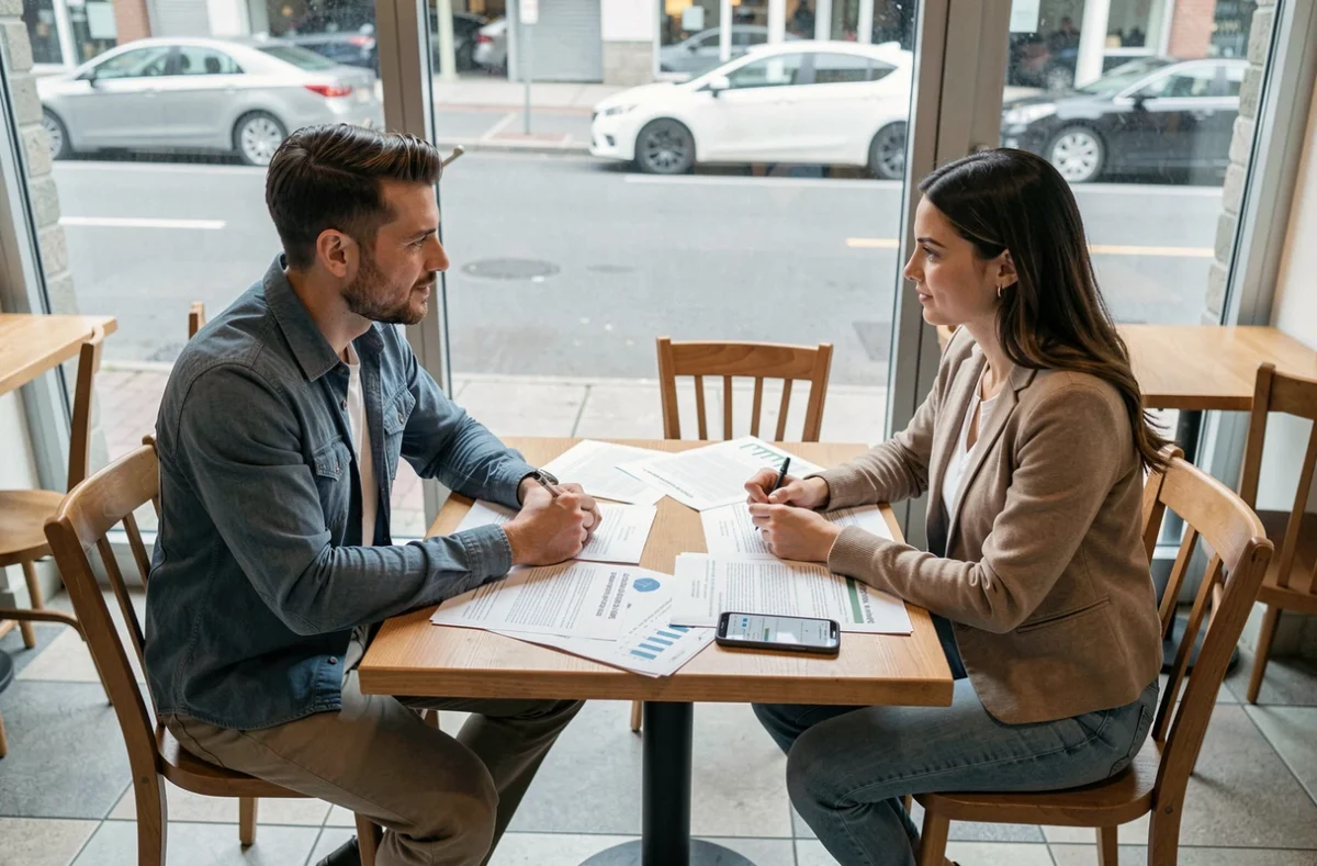 Deux entrepreneurs discutant d'une stratégie de validation de business autour d'un café avec des documents financiers