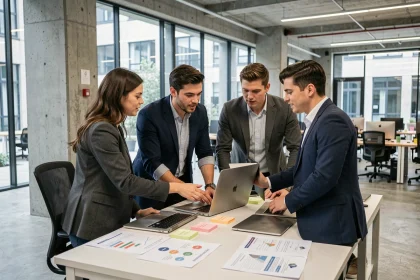 Jeunes entrepreneurs en réunion debout dans un espace de coworking de Station F, Paris