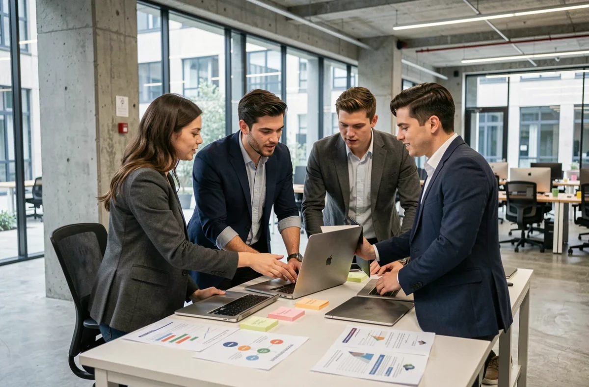 Jeunes entrepreneurs en réunion debout dans un espace de coworking de Station F, Paris