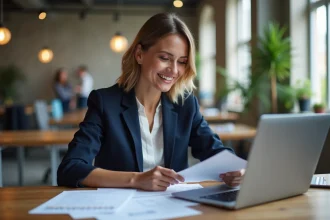 Entrepreneuse française consultant les aides entrepreneur sur un portail gouvernemental dans un espace de coworking moderne