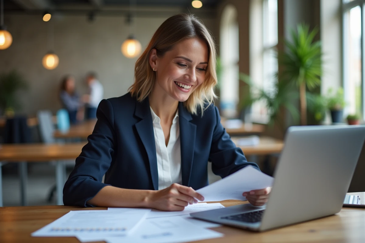 Entrepreneuse française consultant les aides entrepreneur sur un portail gouvernemental dans un espace de coworking moderne