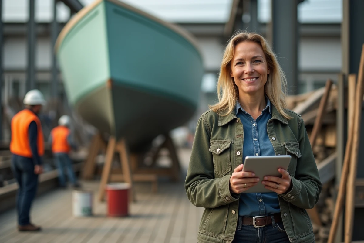 Entrepreneuse du secteur nautique consultant des données de financement sur tablette dans un chantier naval avec une coque de bateau en construction en arrière-plan