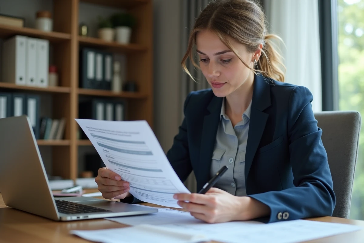 Entrepreneuse analysant des documents d'aides financières pour éviter les erreurs administratives