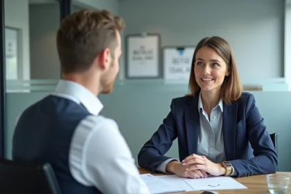 Une femme en entretien conseil avec un conseiller France Travail dans une agence moderne, documents et ordinateur portable sur le bureau