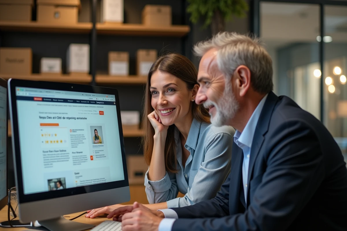 Deux professionnels français analysant ensemble des avis clients sur un écran d'ordinateur dans un bureau de commerce