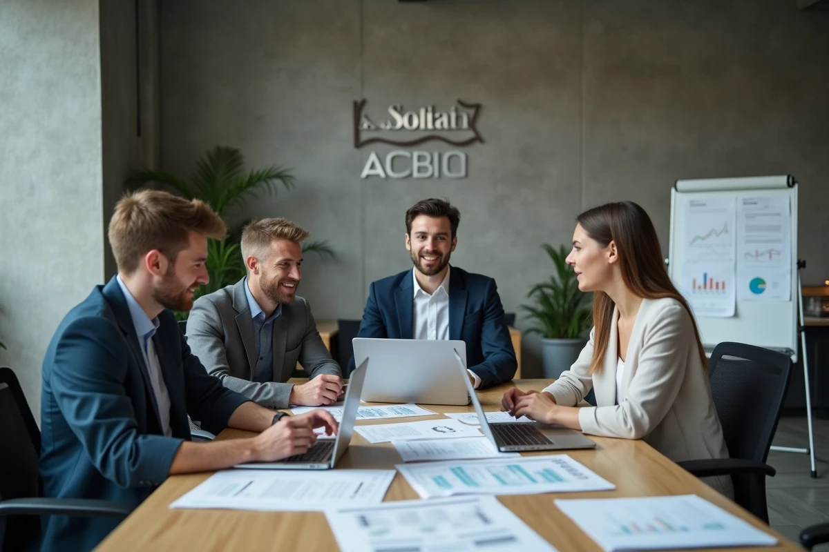 Équipe de jeunes auditeurs collaborant autour d'une table dans un cabinet comptable international Big 4