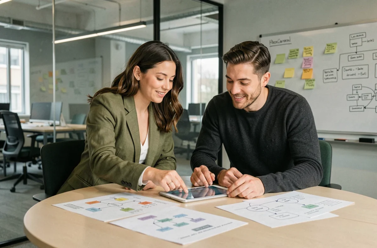 Équipe de deux professionnels collaborant sur la refonte d'un site web autour de diagrammes UX et d'une tablette dans une salle de réunion moderne