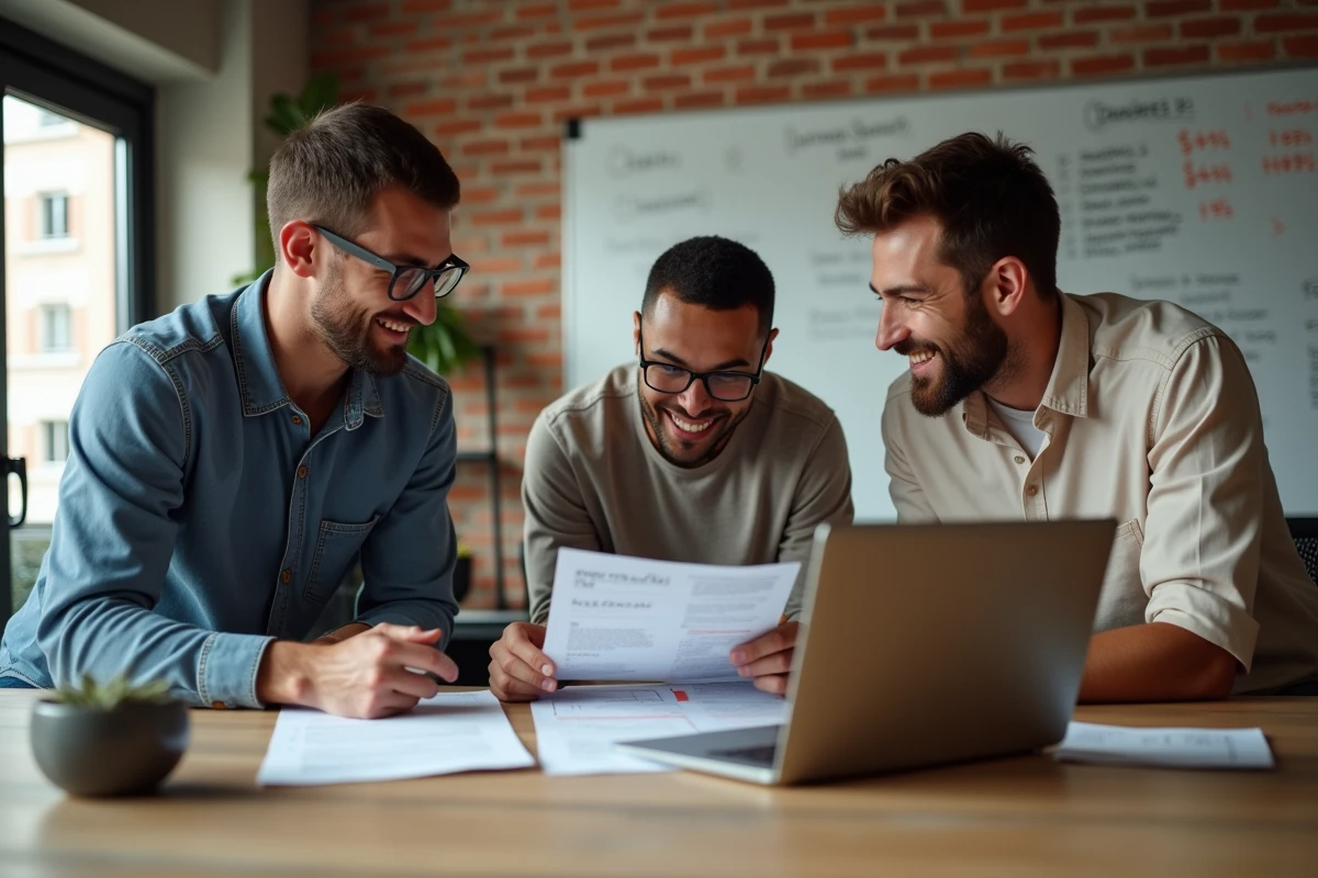 Équipe de jeunes entrepreneurs français collaborant sur un dossier d'aides régionales dans un incubateur de startups