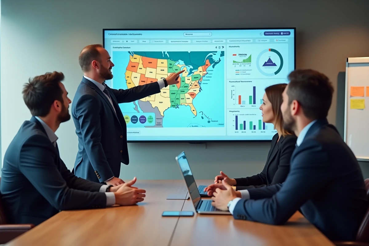 Équipe professionnelle en salle de réunion étudiant une carte économique territoriale interactive pour prioriser leurs actions
