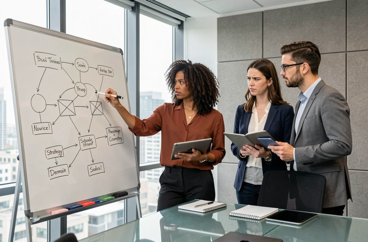 Équipe en réunion analysant un schéma de stratégie de domaines défaillante sur un tableau blanc dans une startup