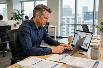 Commercial en entreprise analysant les erreurs d'abonnement B2B sur un tableau de bord numérique dans un bureau moderne