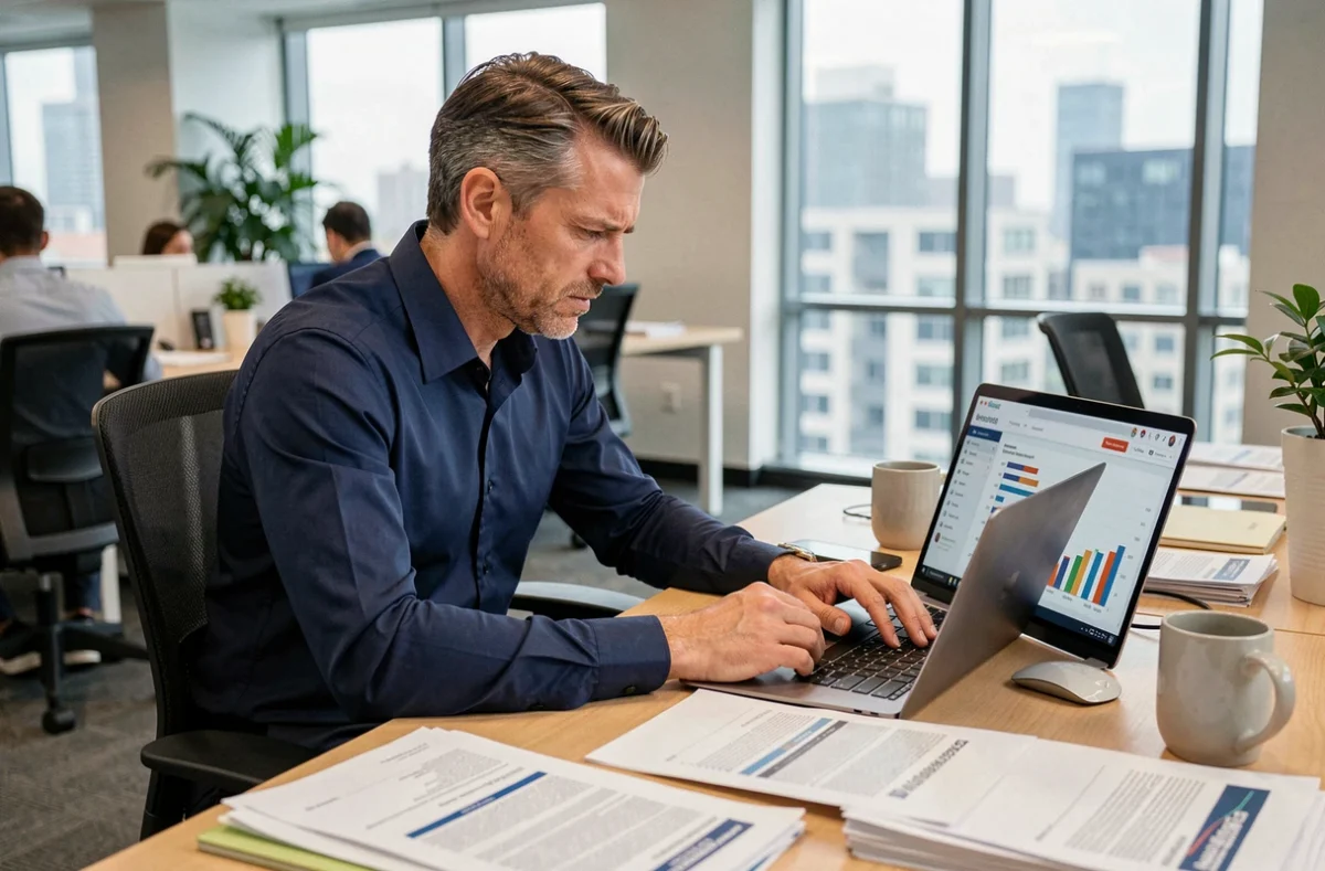 Commercial en entreprise analysant les erreurs d'abonnement B2B sur un tableau de bord numérique dans un bureau moderne